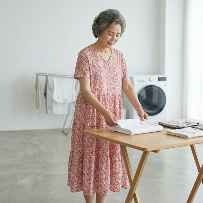 시원한 브이넥 반팔 캉캉 원피스 셔링 아이스 원단 빅사이즈 마실 홈웨어 잠옷