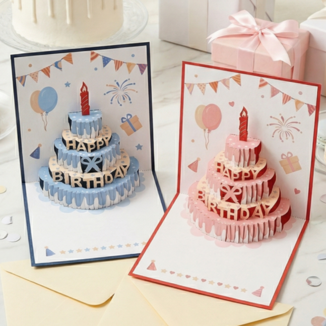 글로우포레 3D 입체 팝업 생일 축하 카드, 2개, 레드,블루