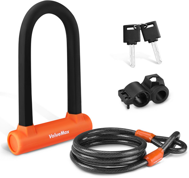 VALUEMAX 자전거 자물쇠 U자형 잠금 세트, 1세트, 블랙