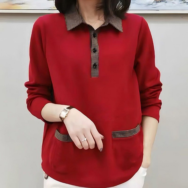 ROYALBELLE 여성 빅사이즈 체크 카라 엄마옷 베이직 뱃살커버 긴팔 티셔츠 K0120820