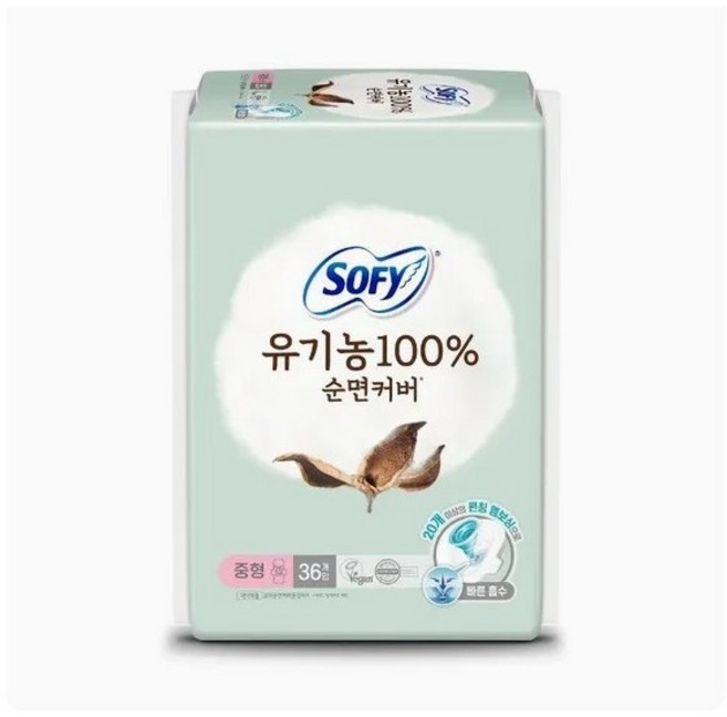 쏘피 유기농 100% 순면커버 생리대 날개형, 중형, 36개입, 2개