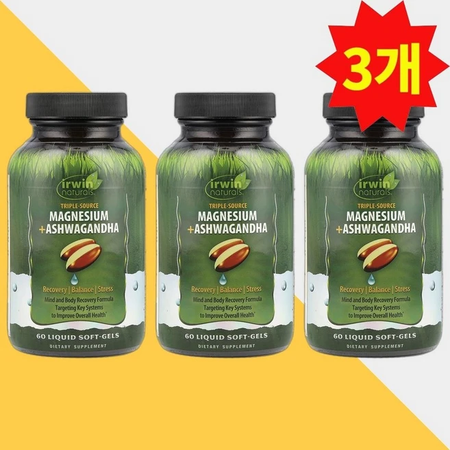 Irwin Naturals 어윈 내추럴스 트리플 소스 마그네슘 아시와간다 액상 소프트젤, 3개, 60정 - 쿠팡