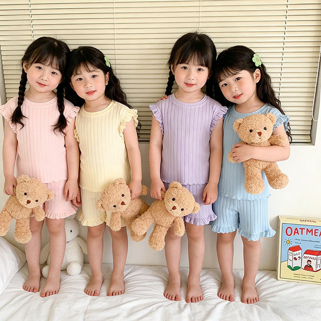 여누키즈 컬러 셔링 민소매 상하복 100~140 키즈 주니어 여름 여아용 실내복 상하의 세트