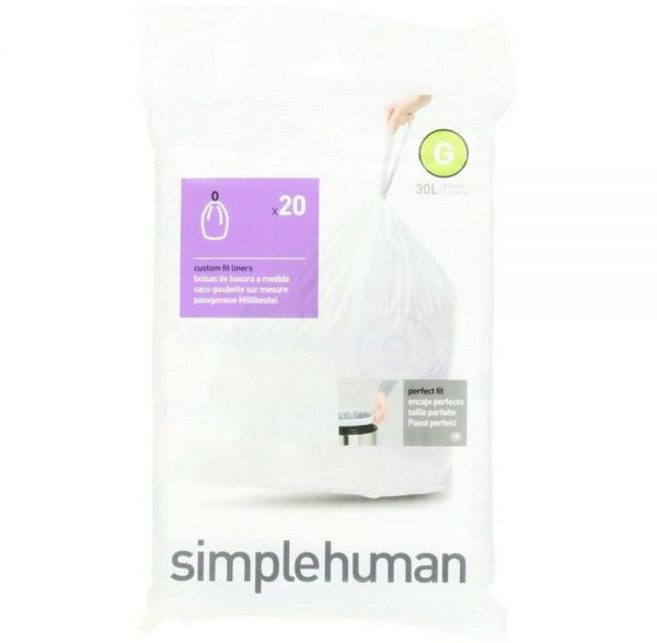 Simplehuman Code G 맞춤형 핏 드로스트링 쓰레기 봉투 디스펜서 팩 30리터 / 8갤런 화이트 - 라이너 20개 119579