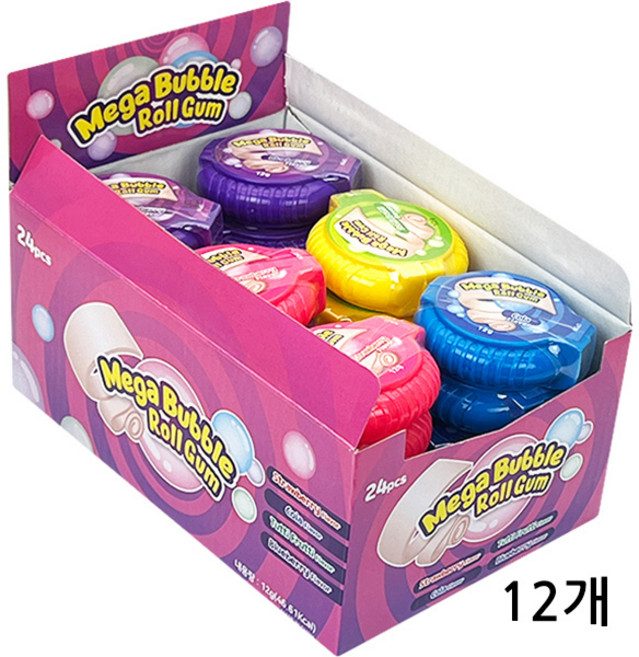 메가 버블 롤 껌 (딸기맛 콜라맛 투티푸르티맛 블루베리맛), 12개, 12g