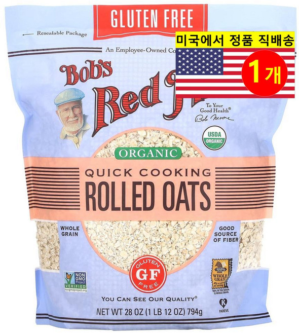 Bob's Red Mill 건강하고 맛있는 식사 간식용 빠른 조리 오가닉 통곡물 롤드 오트밀 납작 귀리 794g 1개