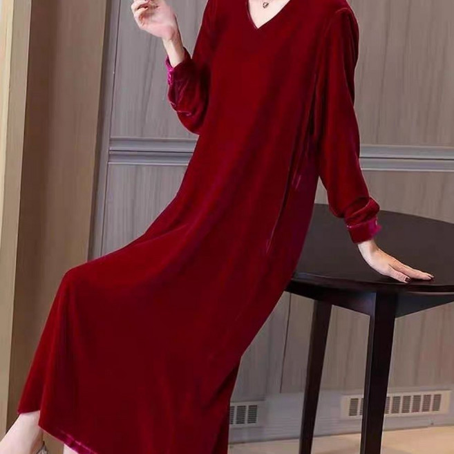 Seofst 여성 겨울 브이넥 벨벳 빅사이즈 원피스