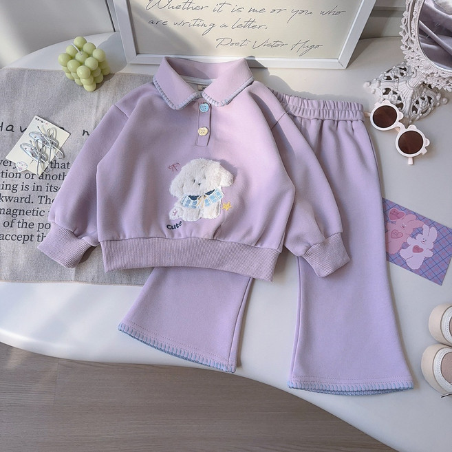 델루비오 아동 여아 투피스 강아지 자수 카라 맨투맨 부츠컷 바지 상하복 세트