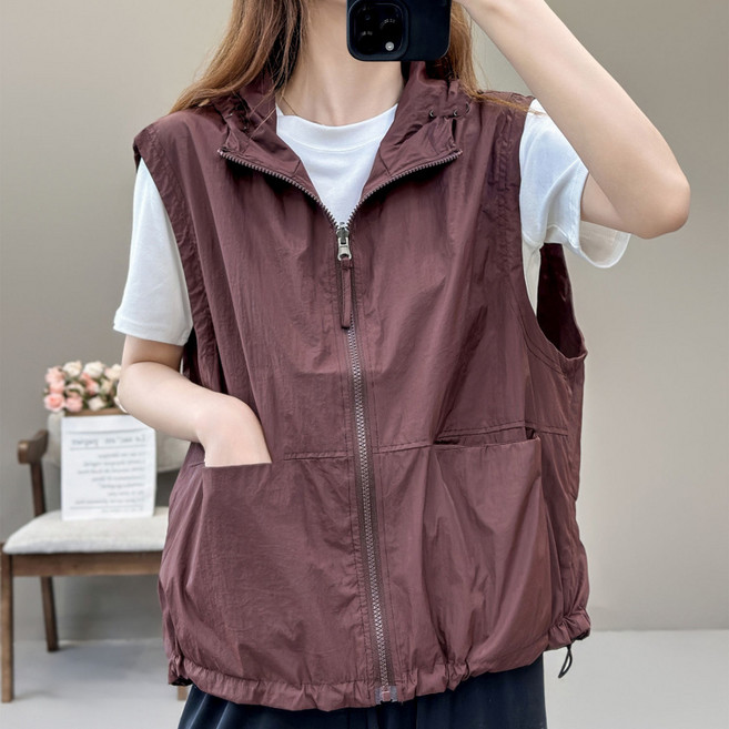 유니픽여성 봄여름 운동 민소매 조끼 방풍 지퍼 디자인 큰 주머니ddn