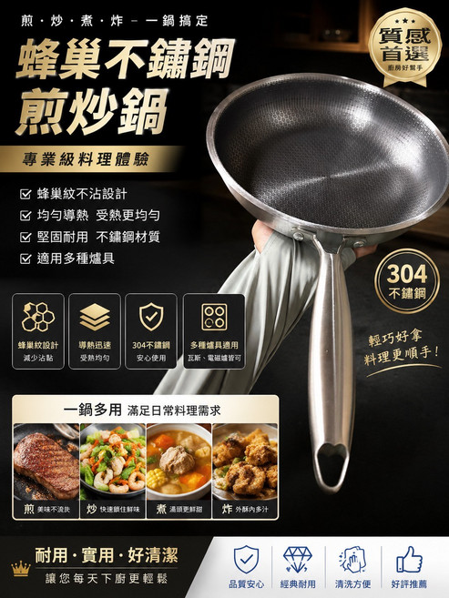 蜂巢不鏽鋼煎炒鍋 304不鏽鋼 導熱均勻 適用多種爐具, 1個, 28cm