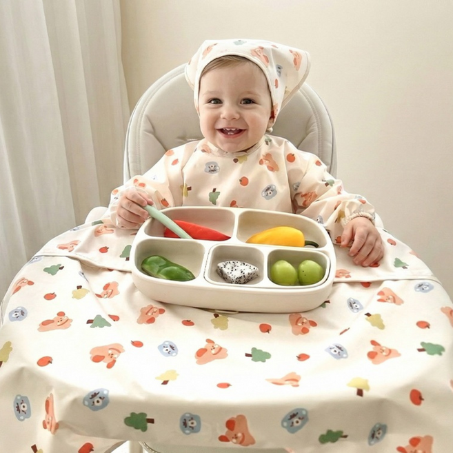 아이레빗 국내생산 오픈형 긴팔 유아용 식탁일체형 자기주도 방수 턱받이, 1개, 1개입, 오픈형 긴팔_러블리 댕댕이