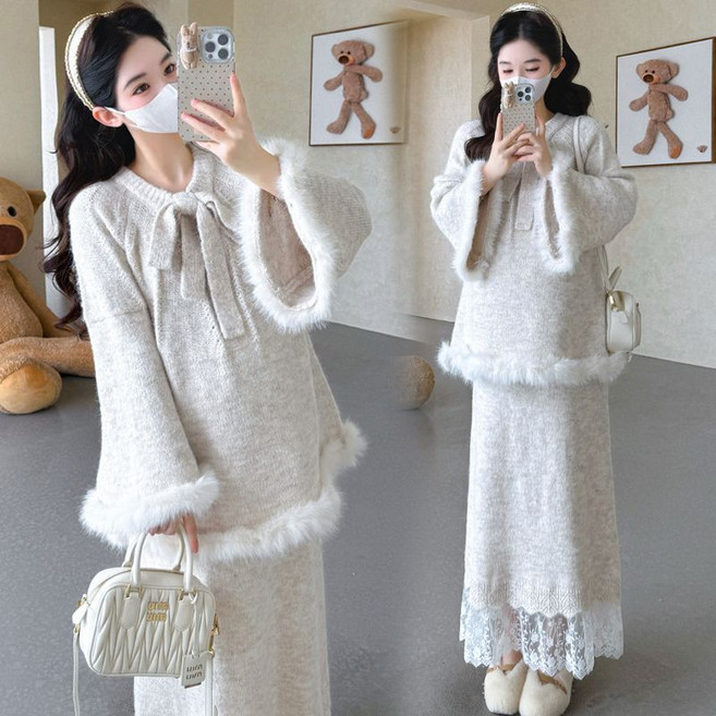 임산부 겨울 스커트 세트 가을 겨울 따뜻한 임부 스웨터 + 롱 치마 셋업 JS