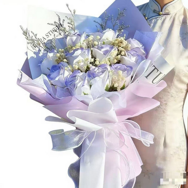 永生花香皂玫瑰花束9朵, 1個, 白月光-薄霧紫（禮物袋+燈）