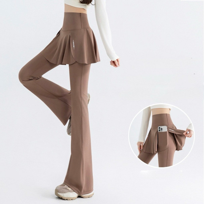 高腰收腹假兩件微喇運動瑜珈褲裙，高彈力顯瘦提臀，附側邊口袋