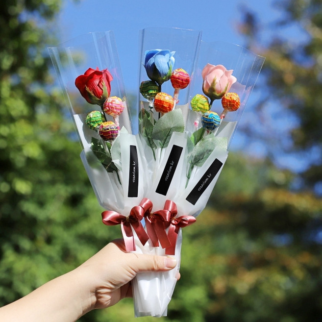 꽃한송이 사탕 꽃다발 학예회 발표회 유치원 재롱잔치 졸업식 한송이비누꽃 단체 주문 행사, 한송이 사탕 꽃다발: 핑크