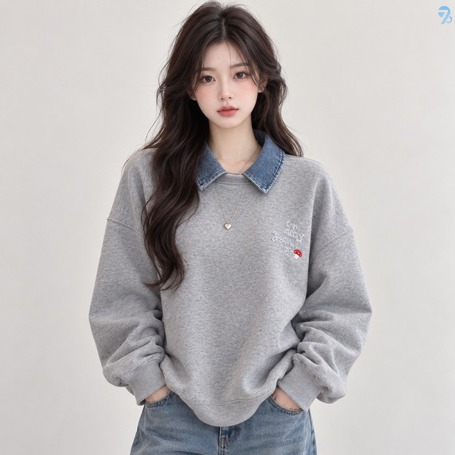 9위 - 708090 여성용 버섯 자수 데님 맨투맨