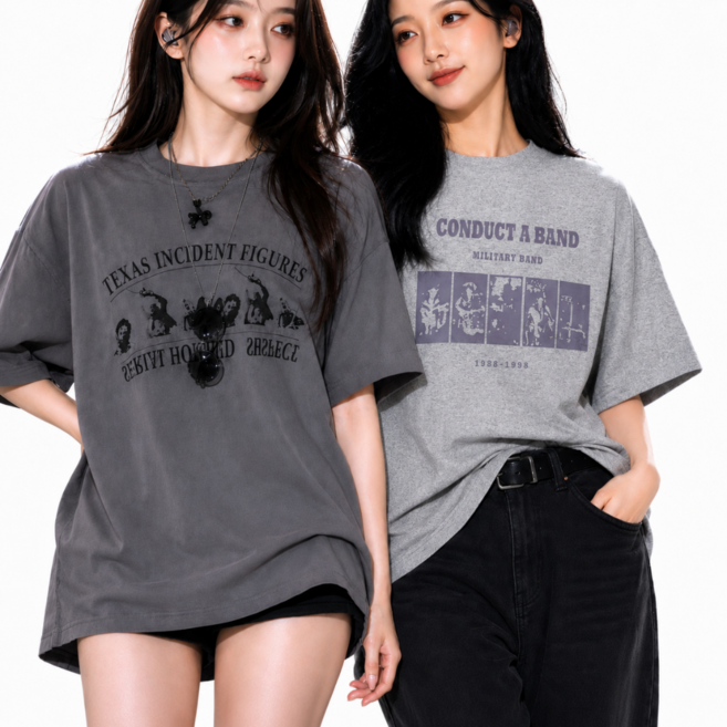 ELUE 1+1 여성 반팔 티셔츠 오버사이즈 루즈핏 프린팅