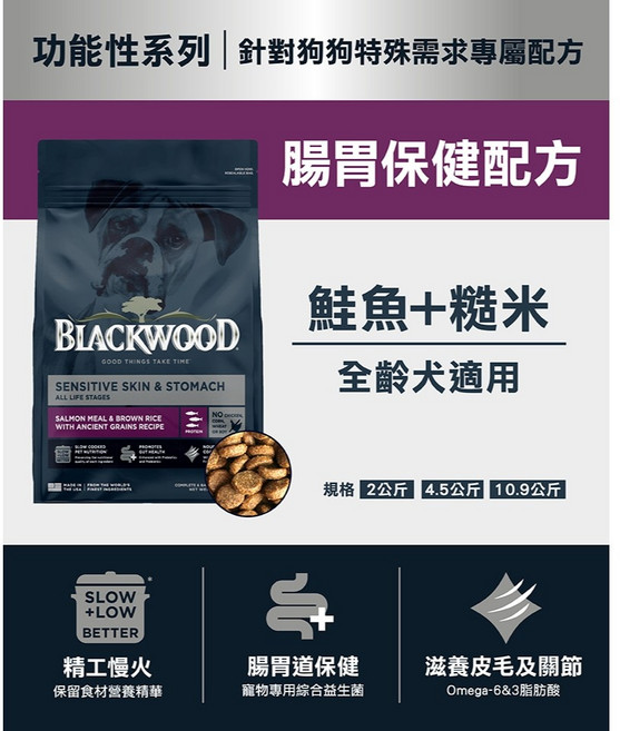 柏萊富 Blackwood 功能性腸胃保健配方 鮭魚+糙米 犬飼料 全齡犬適用 2公斤 4.5公斤 10.9公斤, 1個, 功能性腸胃保健配方(鮭魚+糙米) 24磅, 10.89kg, 鮭魚+米飯