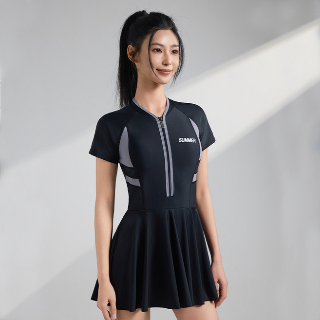 新款運動游泳衣女時尚裙式錦綸連體泳衣遮肚顯瘦海邊溫泉時尚泳裝