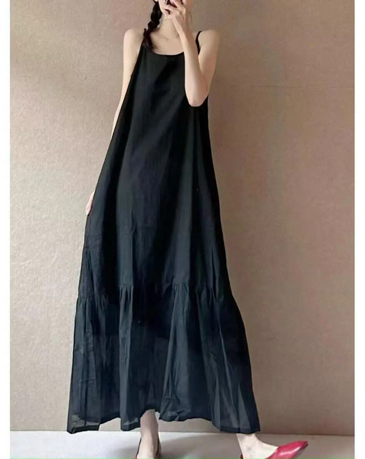 DIU 棉麻純色連衣裙簡約拼接吊帶裙夏季氣質女裝新款寬鬆文藝長裙, L