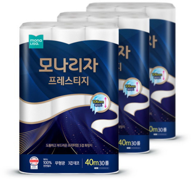 모나리자 무형광 화장지 프레스티지 40m 30롤 x 3팩, 30개입, 3개