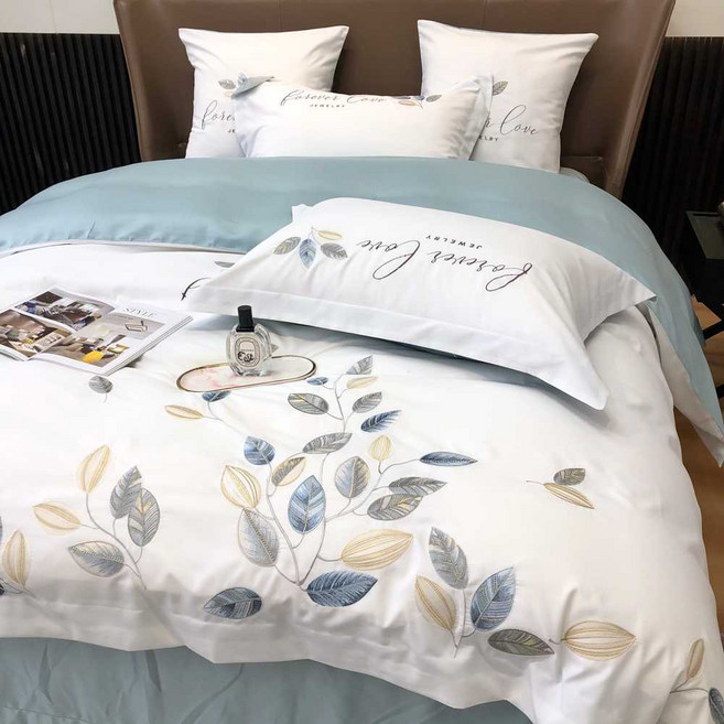 하이엔드 여름 아이스실크 4종 세트 텐셀 실크 자수 사계절 이불커버 베개커버 세트 호텔 혼수