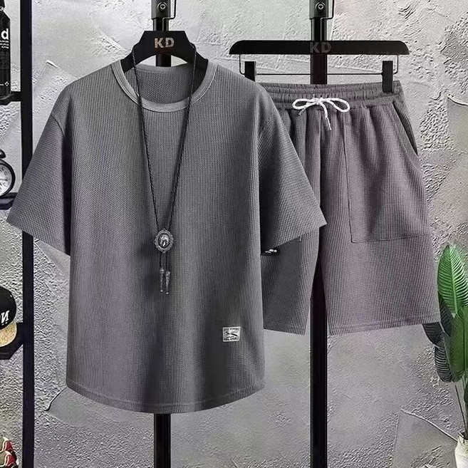 AREVI 여름 남자 트레이닝 세트 순면 라운드넥 통기성 쿨링 루즈핏 반팔 티셔츠 반바지 투피스