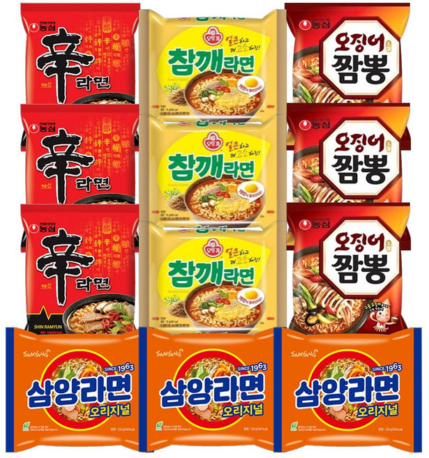 봉지라면 4종 C세트 각3개씩 (신라면+참깨라면+오징어짬뽕+삼양라면)