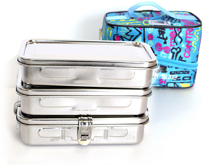 천성정밀 스텐 캠핑용 사각 3단 도시락 직장인 나들이 소풍 밀폐 올스텐 찬합 반찬통, 3단도시락, 1개