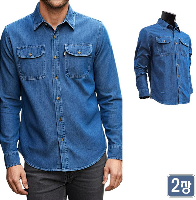 1+1 야인시대 봄가을 내구성 좋은 청남방 데님셔츠 WF
