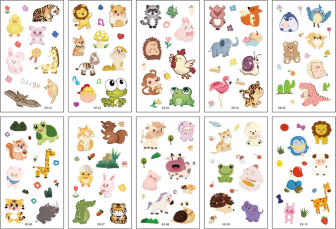 KC인증 숲속나라 어린이 타투스티커 야광 판박이 집콕놀이 소품꾸미기 야외활동 놀이 스티커, 동물 디자인 EE-10종, 1개