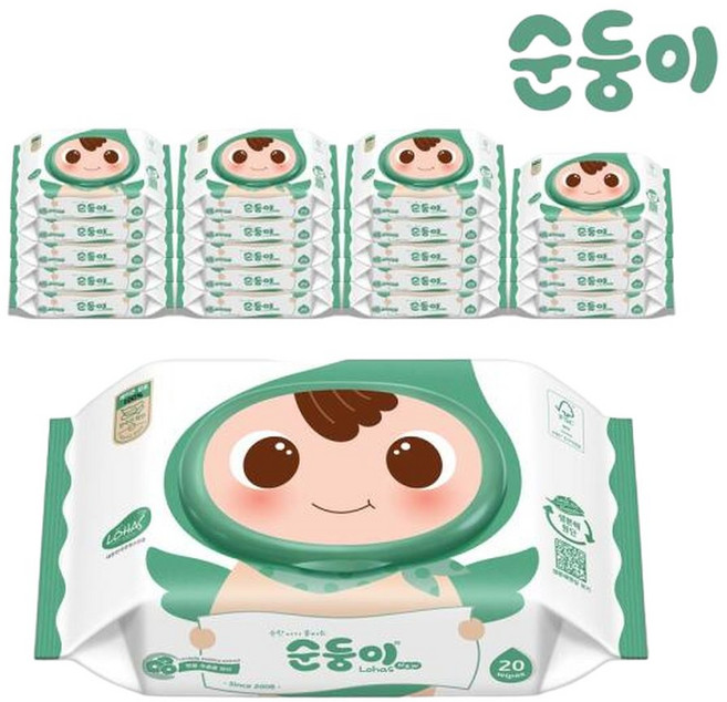 cL-com /생분해물티슈 로하스 휴대 캡형 20매 20팩, 75g, 20개