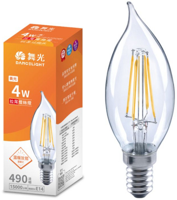 舞光 DANCELIGHT E14 4W LED燈絲燈 黃光 2700K 蠟燭燈泡, 1個, 燈絲燈-4W(尖清)