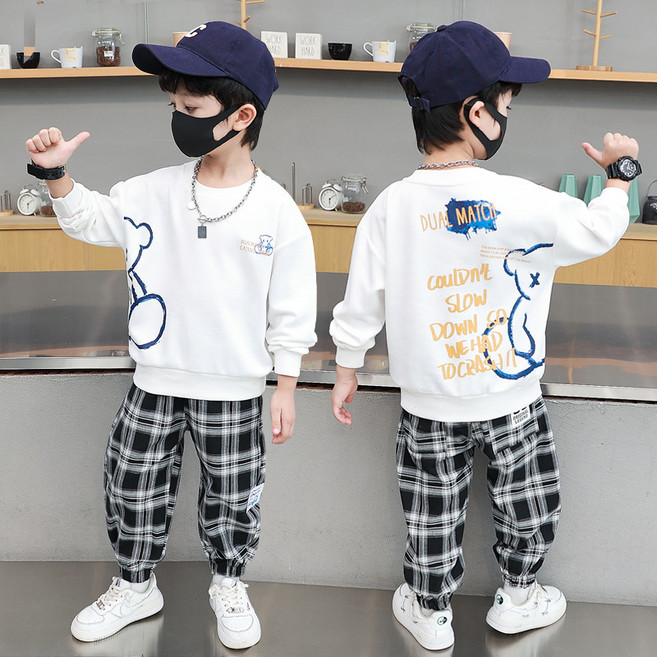 SunburstWonder 아동 봄가을 남아 맨투맨 세트 라운드 맨투맨 체크바지 아동 트레이닝복