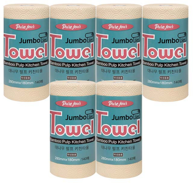 개별포장 3겹 점보사이즈 뱀부 키친타올 140매 x5롤+1롤 100% 대나무펄프, 6개, 140매입