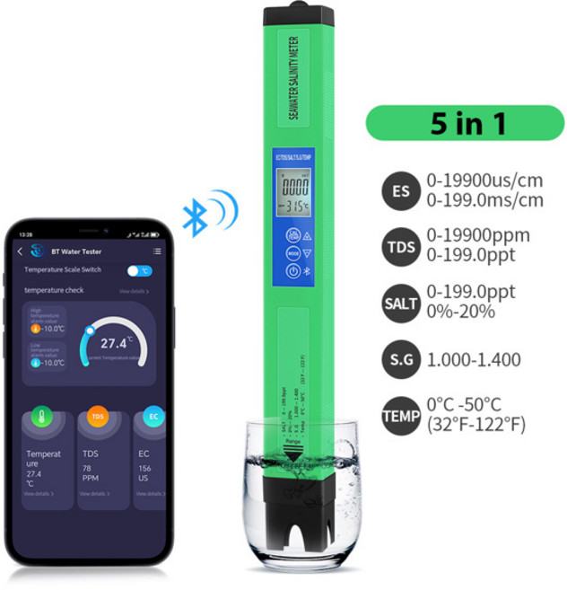 5 in 1 수질 테스터 펜 디지털 EC TDS 염도 SG 온도 PH 테스터 블루투스 앱 제어 식수 실험실 수영장용, [01] 5 in 1, 1) 5 in 1, 1) 5 in 1