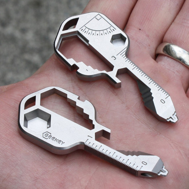 공식 긱키 GeeKey 미국 미니 키체인 멀티툴 커터칼 스포크렌치 맥가이버툴, 실버, 2개