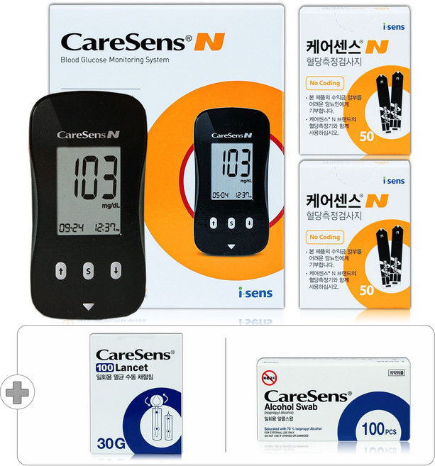 [26년 제조] 케어센스N 혈당측정기+시험지110매+채혈침110개+알콜솜100매 당뇨 당 체크기 검사기, 1세트, 1세트