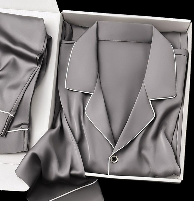 男士仿真絲長袖睡衣套裝, 1個, 358#深灰色【短袖長褲】2XL【140-160斤】