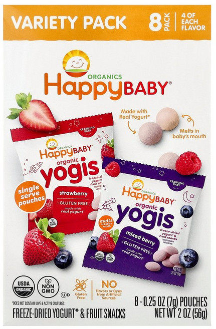 Happy Family Organics Baby® 유기농 요기스 냉동건조 요거트 & 과일 스낵 기어 다니는 유아용 버라이어티 팩 파우치 8개 각 7g(0.25oz, 8 개