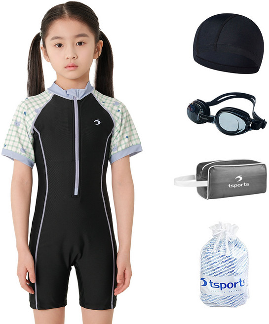 TS스포츠 여아수영복 올인원 반팔 집업 3부 수영복 어린이 주니어 초등 생존수영키트 2517(체크토끼)