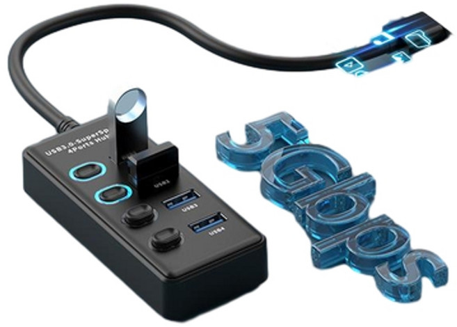 HANQI USB3 0四合一分線器 獨立開關擴充埠, USB轉4口USB3.0 資料線長0.3米, 1個