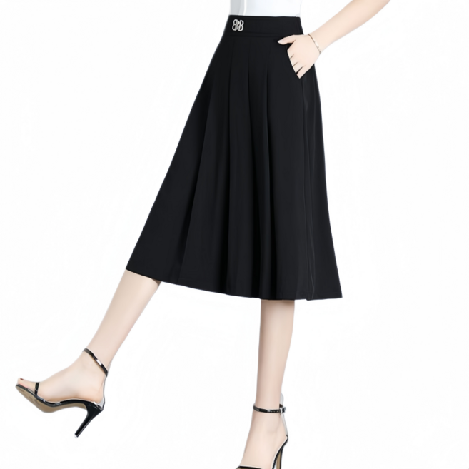 Makone 여성 하이웨이스트 플리츠 스커트 캐주얼 데일리 미디 스커트