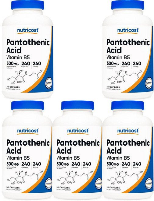 Nutricost Pantothenic Acid Vitamin B5 500mg 뉴트리코스트 판토텐산 비타민 B5 500mg, 5개, 240정