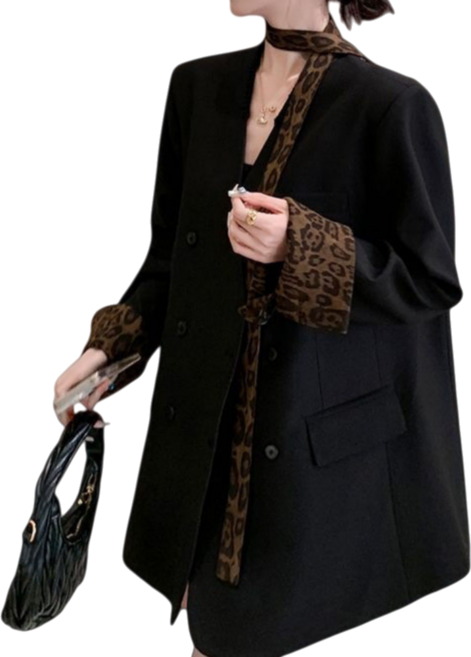 Makone 여성 가을 겨울 브이넥 댕기 레오파드 롤업 오버핏 저장 자켓