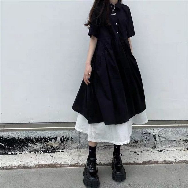 (완전 추천) 150kg까지 빅사이즈 여성 페이크 레이어드 카라 허리꼬임 롱 원피스 여름 편한 모던 검정 날씬해보이는 버튼 주머니있는 스트랩 디자인 반팔 시원한 플레어 원피스