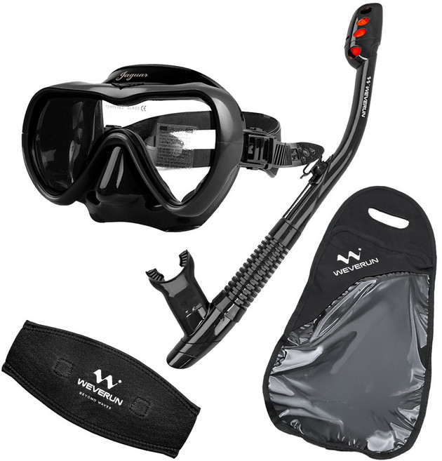 위베런 스노쿨링 마스크 재규어 스노클 세트 프리다이빙 물안경 장비 미러렌즈 자외선차단, 투명 블랙 세트