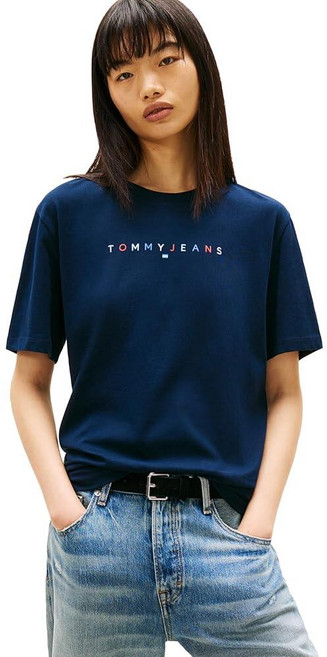 Tommy Jeans 여성용 반소매 그래픽 박시 티셔츠 멀티컬러 로고 프린트 다크 나이트 네이비 M