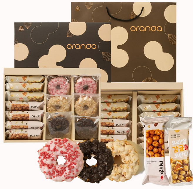 교아당 전통 수제 오란다 한가득 2단구성 선물세트 (우리쌀감귤오란다/플레인 강정/오란다 도넛 딸기/ 오란다 도넛 땅콩/ 오란다 도넛 오레오/쇼핑백 포함), 1세트, 804g
