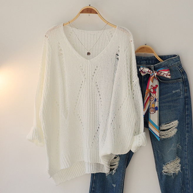 스카이코코 여성 긴팔 티셔츠 펀칭 브이넥 심플 롱박스 리리 언발 니트티